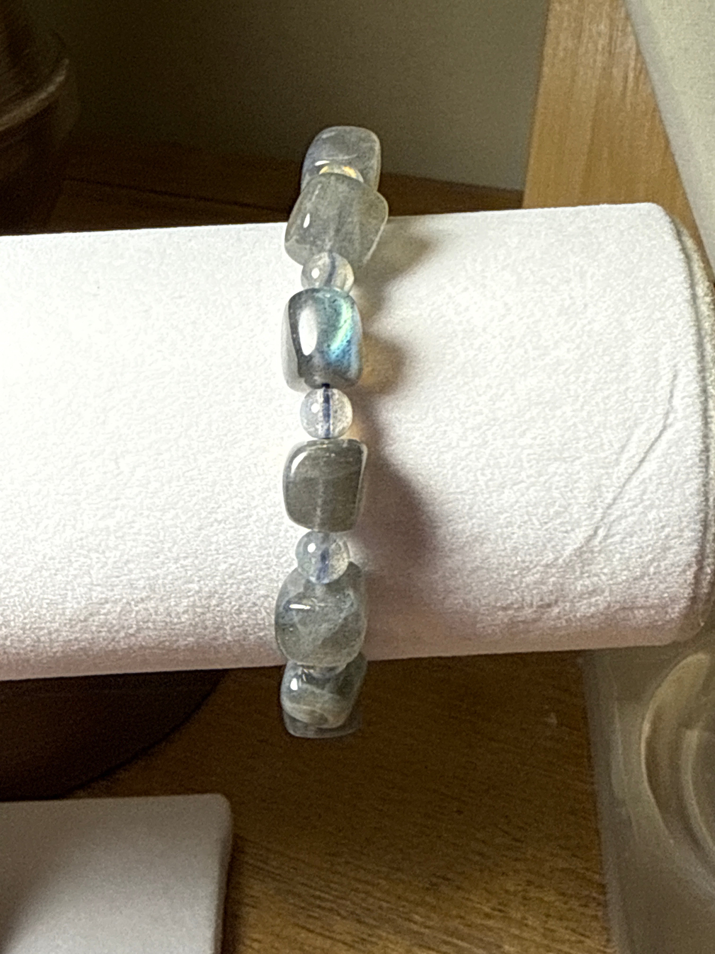 Blue Flash Labradorite Square and Round Bead Bracelet