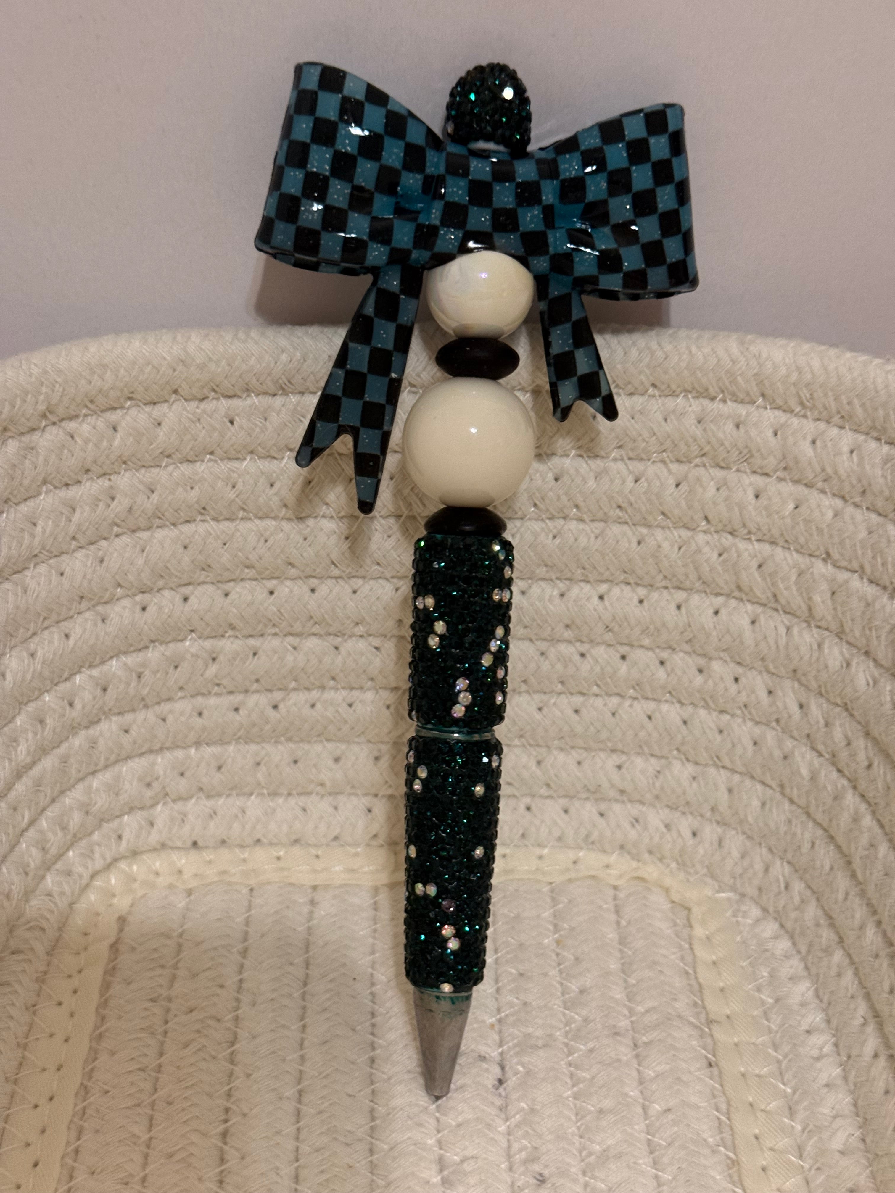 Blue Glitter Checker bow rhinestone ink pen