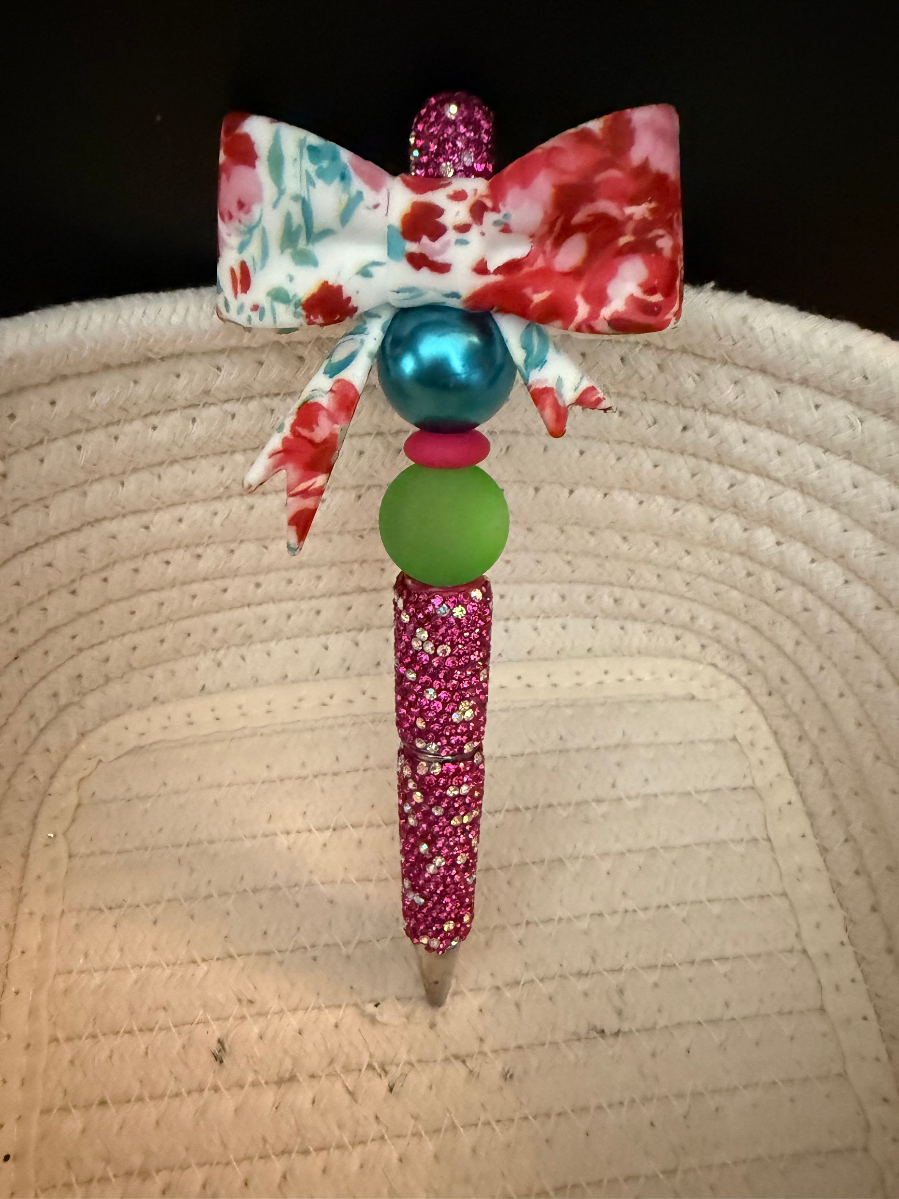 Large flower bow rhinestone ink pen