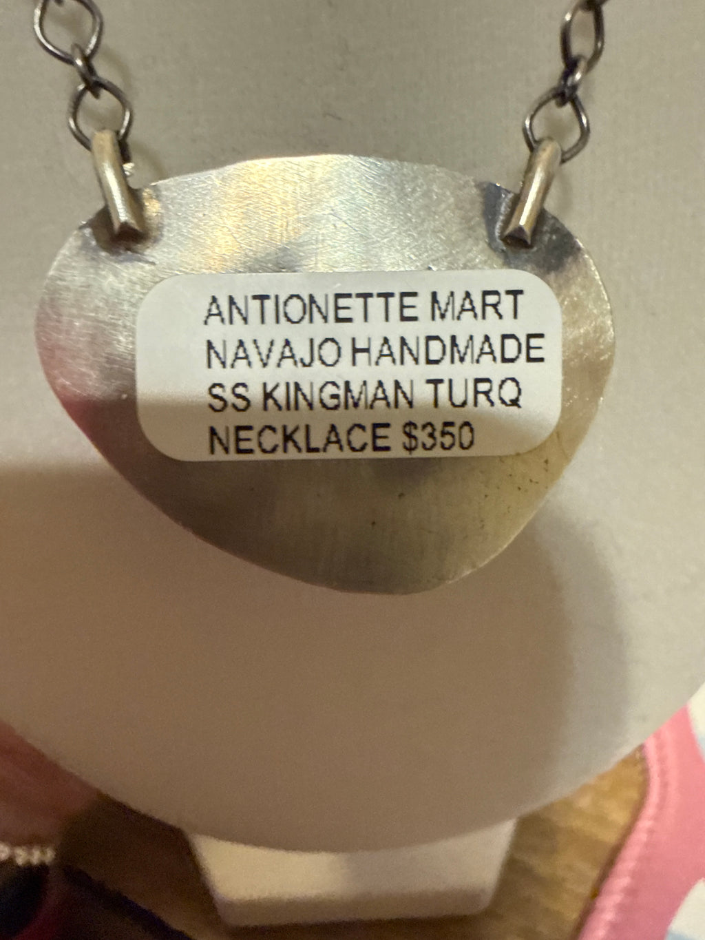 Antonette Mart Navajo Handmade SS Kingman Turquoise Necklace. 18 inch Gun metal chain