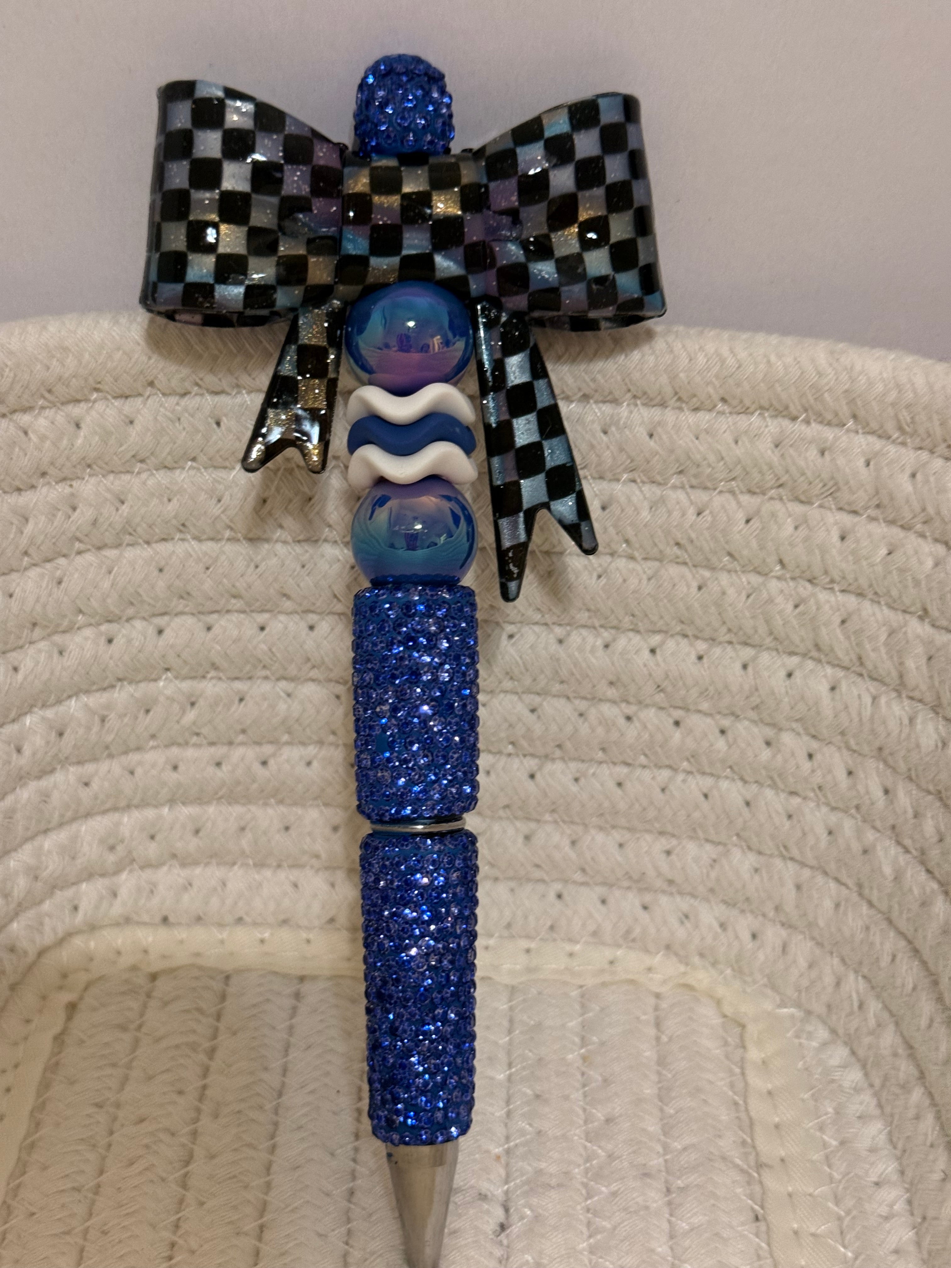 Blue Oil Slick Checker Bow Rhinestone Ink Pen