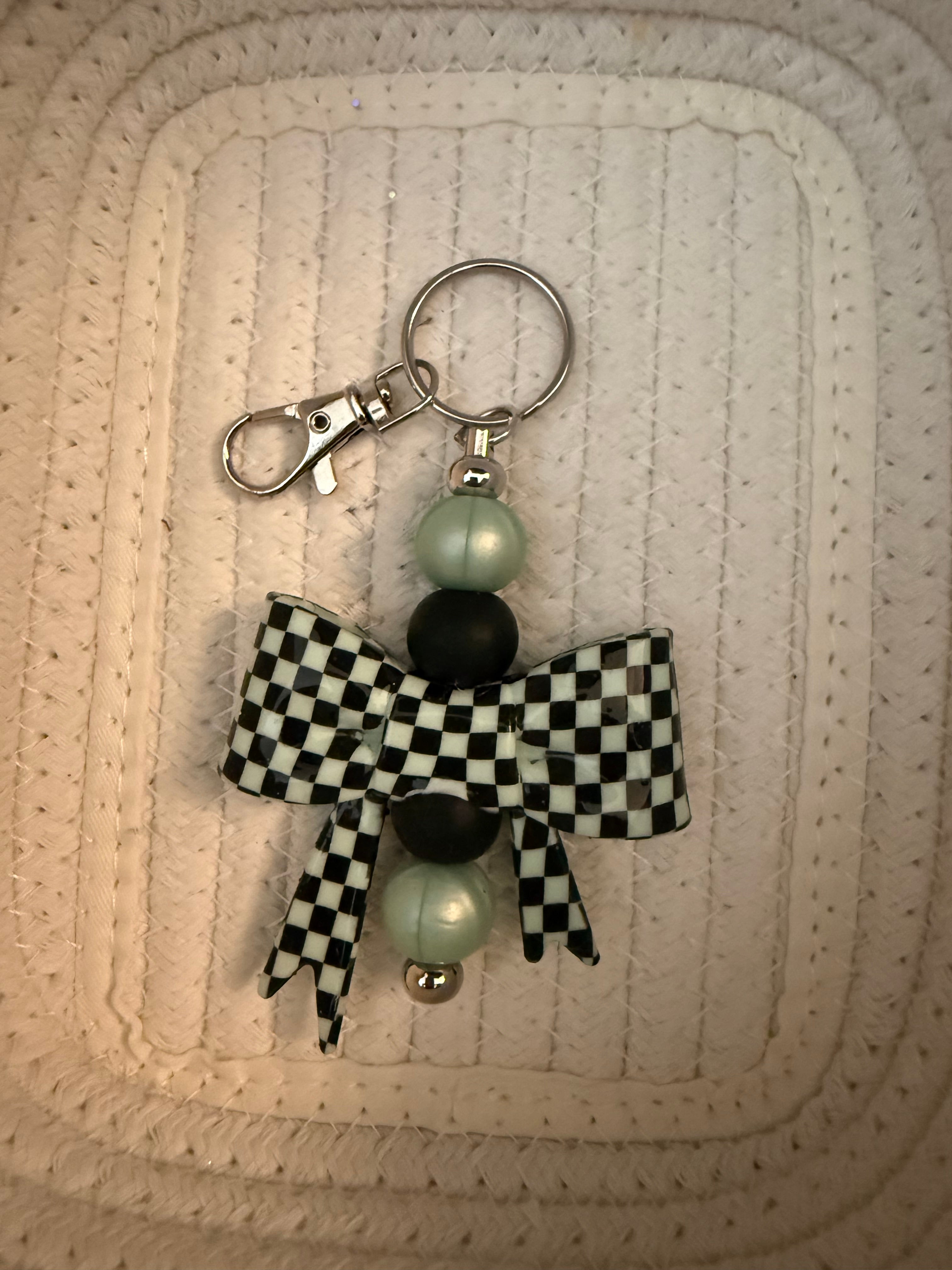 Mint green and black checkered bow key chain