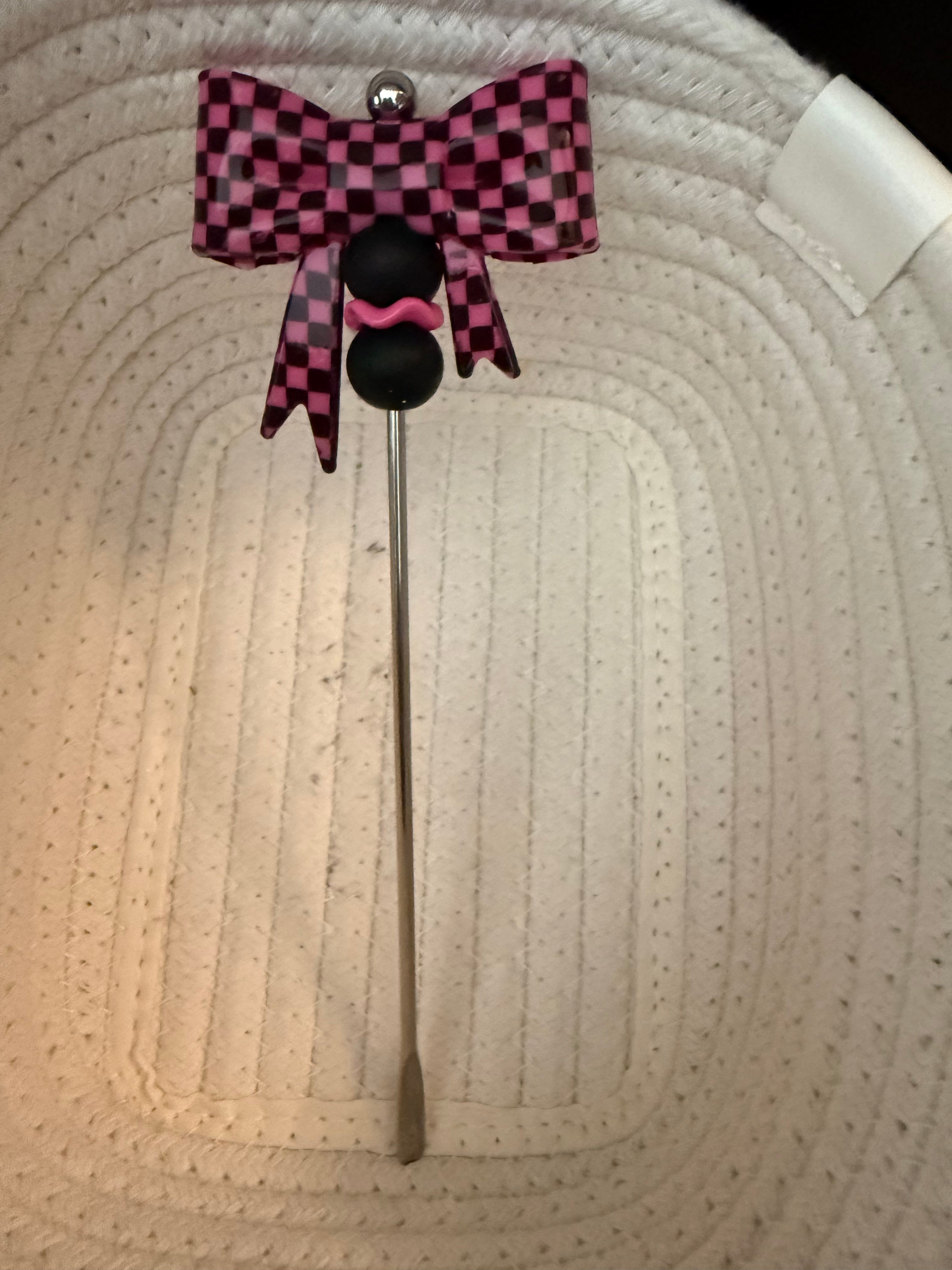 Large Pink Checkered Bow drink stirrer