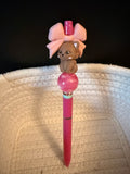 Brown cat with pink bow ink pen