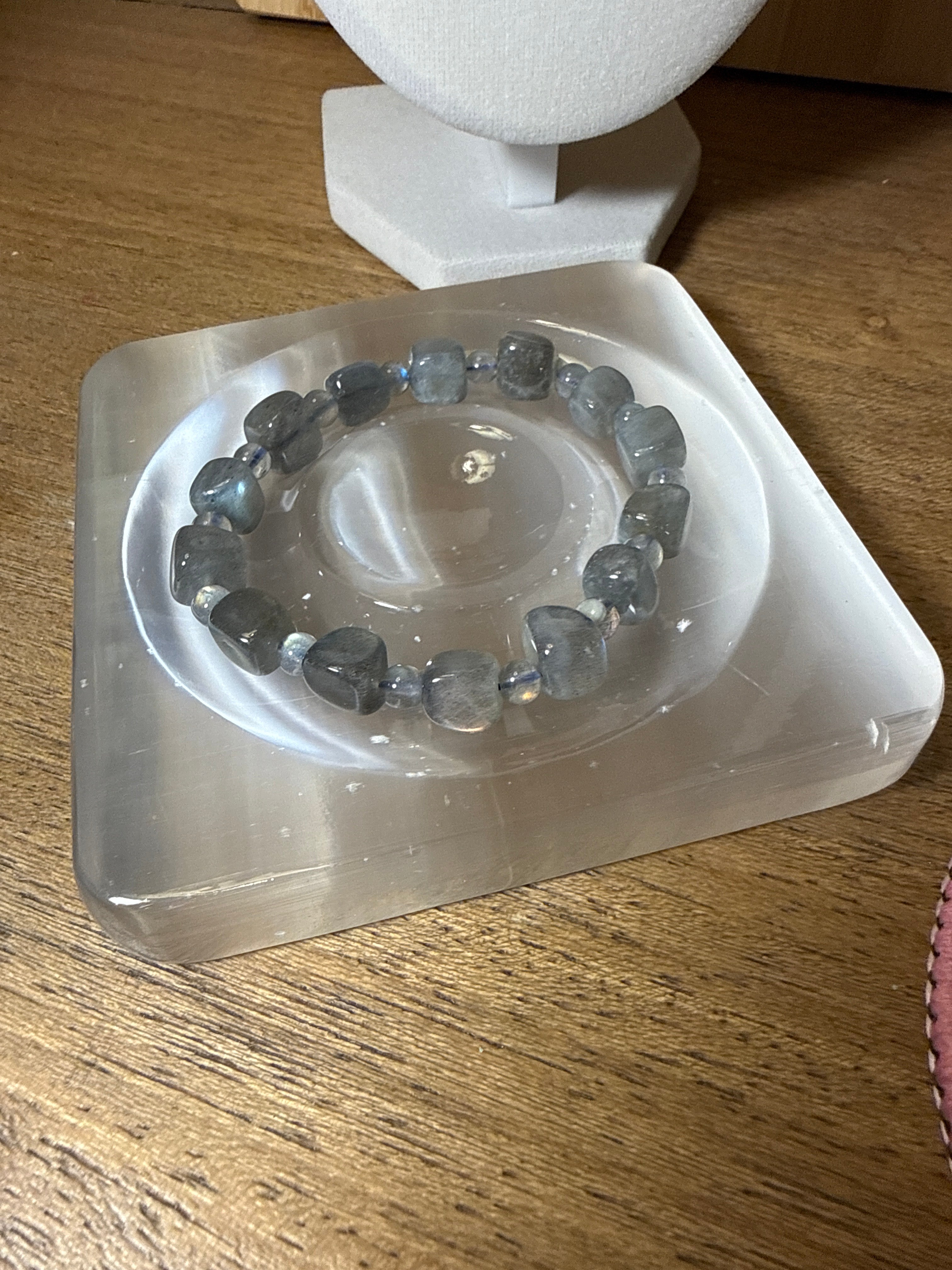 Blue Flash Labradorite Square and Round Bead Bracelet