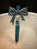 Large iridescent checkered bow rhinestone ink pen